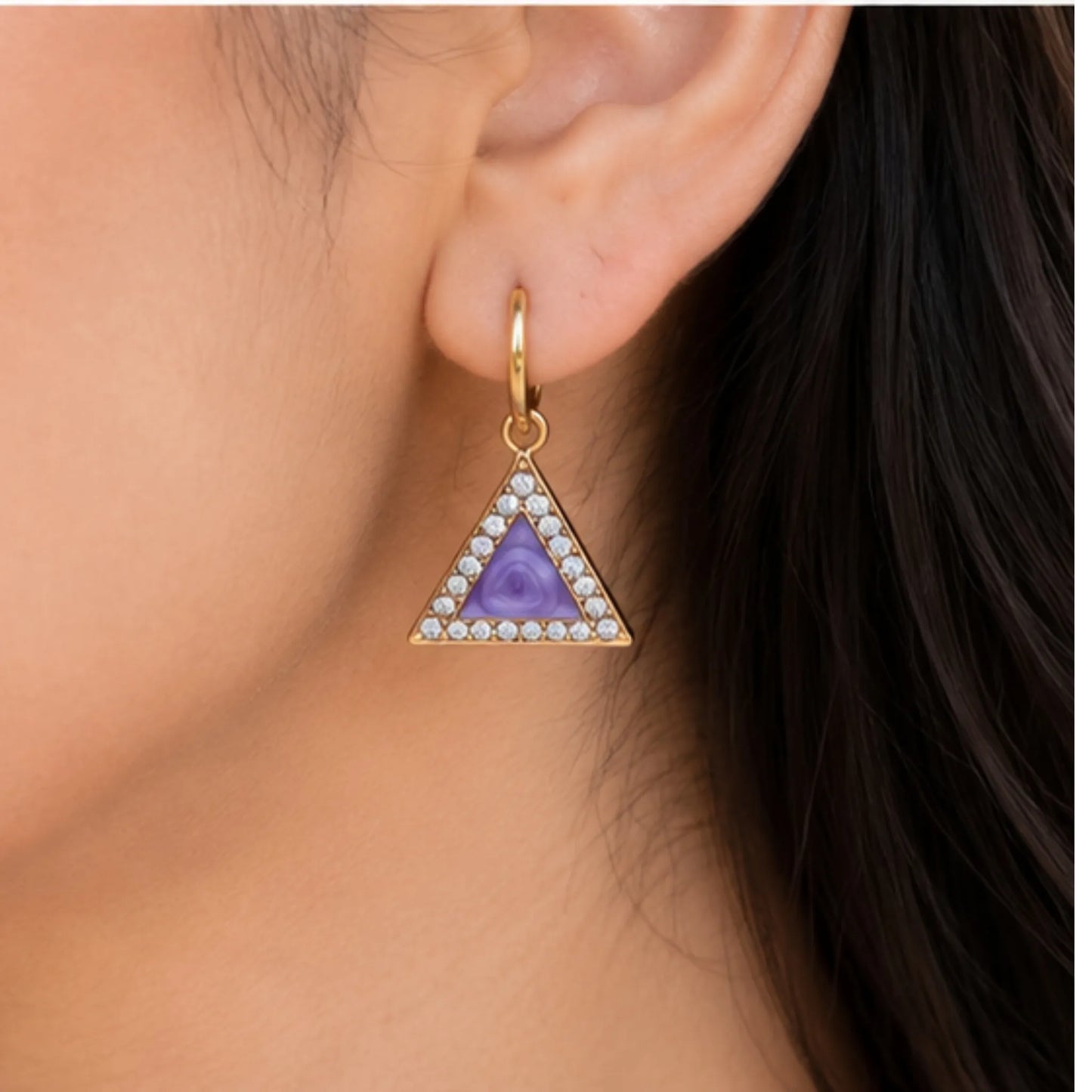 Geometric Triangle Crystal Studs with Textured Gold Frame