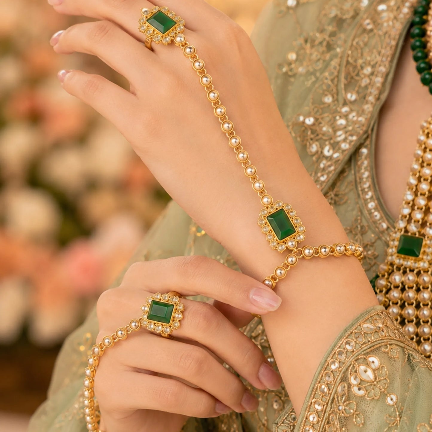 Royal Green Kundan Bridal Set with Layered Haar & Hand Harness – Complete Wedding Jewellery set