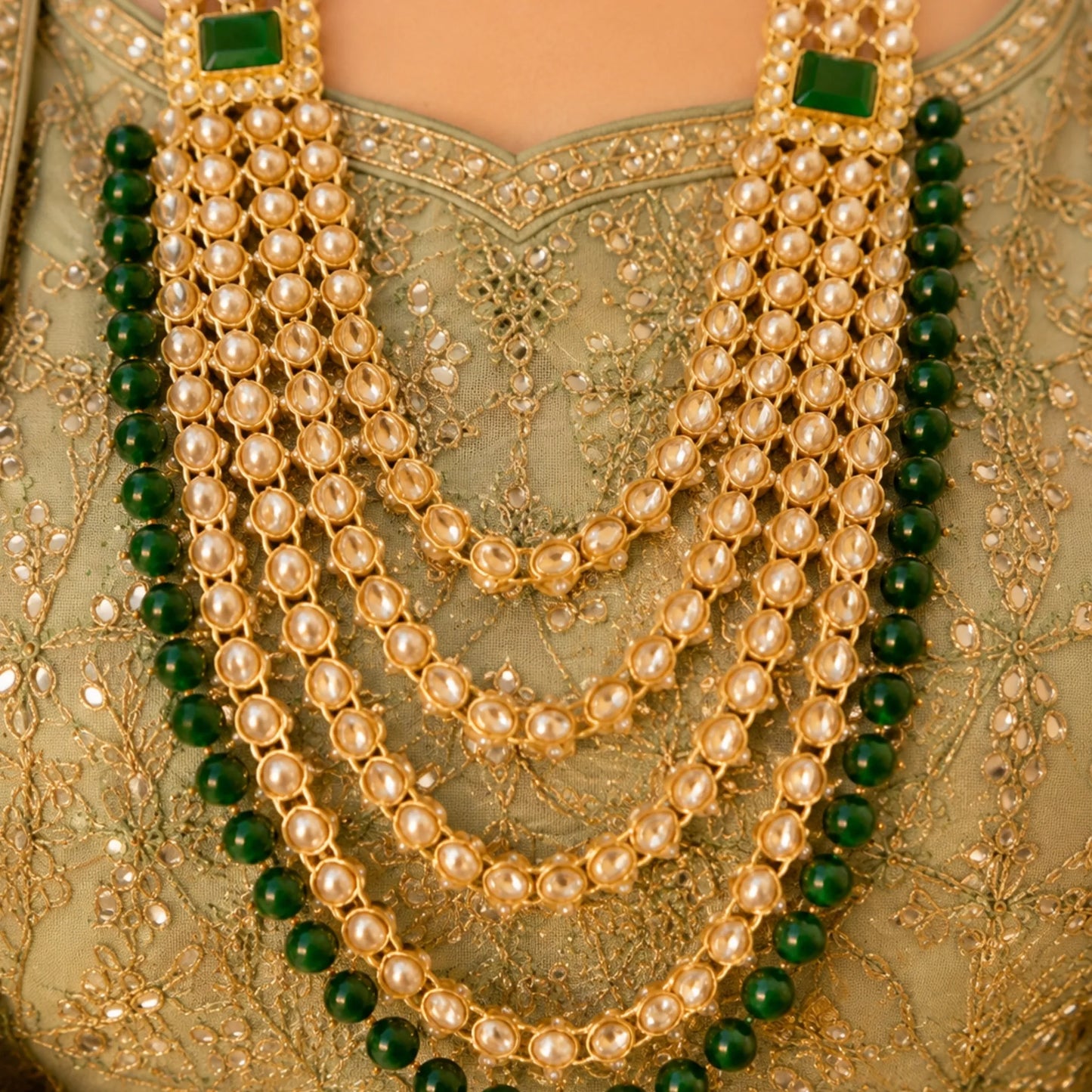 Royal Green Kundan Bridal Set with Layered Haar & Hand Harness – Complete Wedding Jewellery set