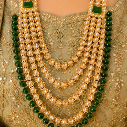 Royal Green Kundan Bridal Set with Layered Haar & Hand Harness – Complete Wedding Jewellery set