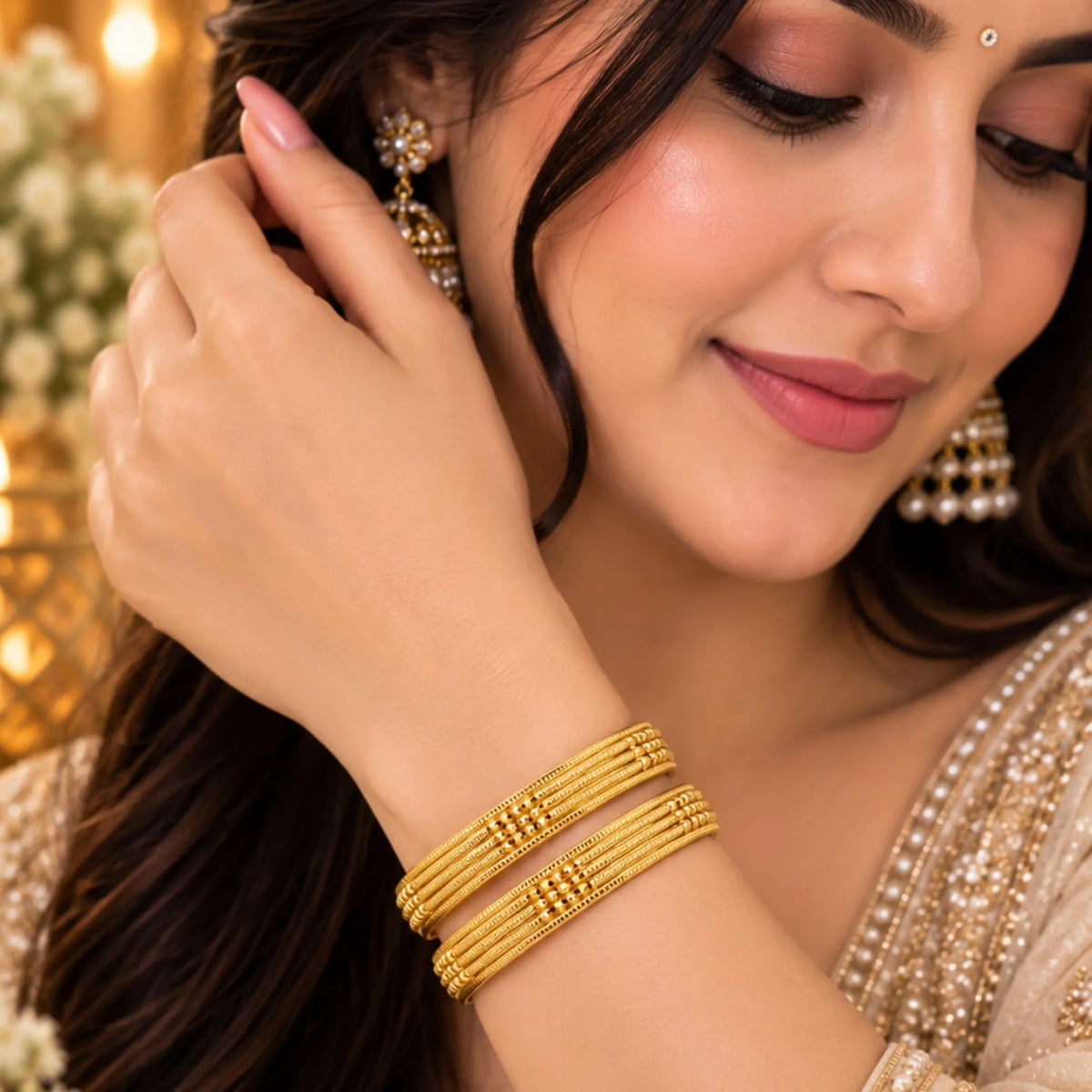 Slim Gold-Tone Textured Bangle Pair