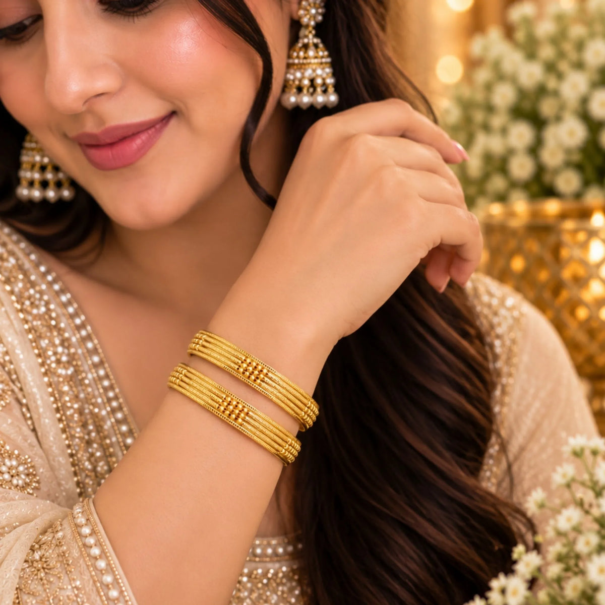 Slim Gold-Tone Textured Bangle Pair