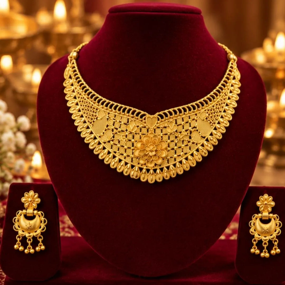Gold Floral Choker Necklace Set