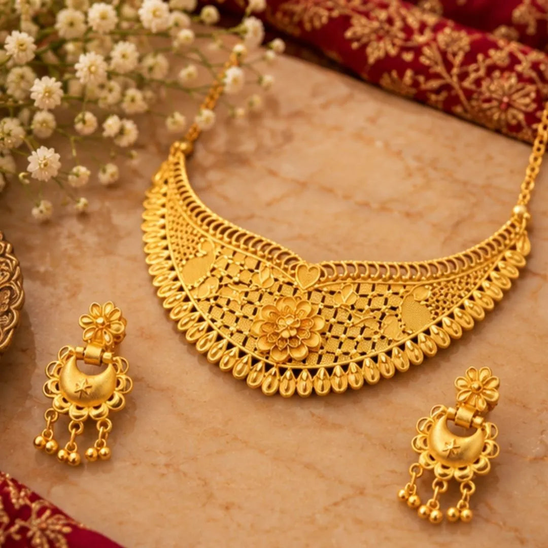 Gold Floral Choker Necklace Set
