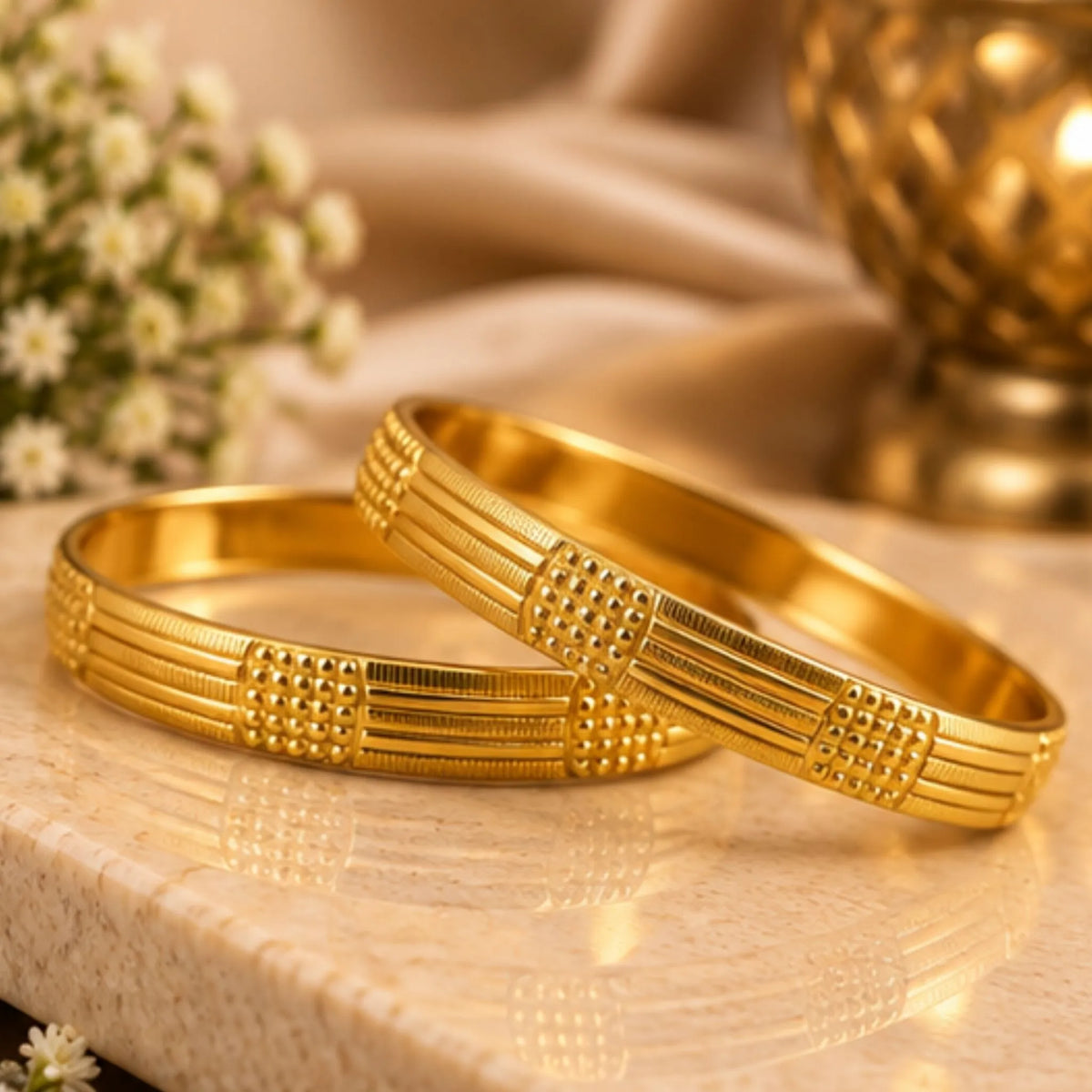 Gold-Tone Textured Geometric Bangle Pair