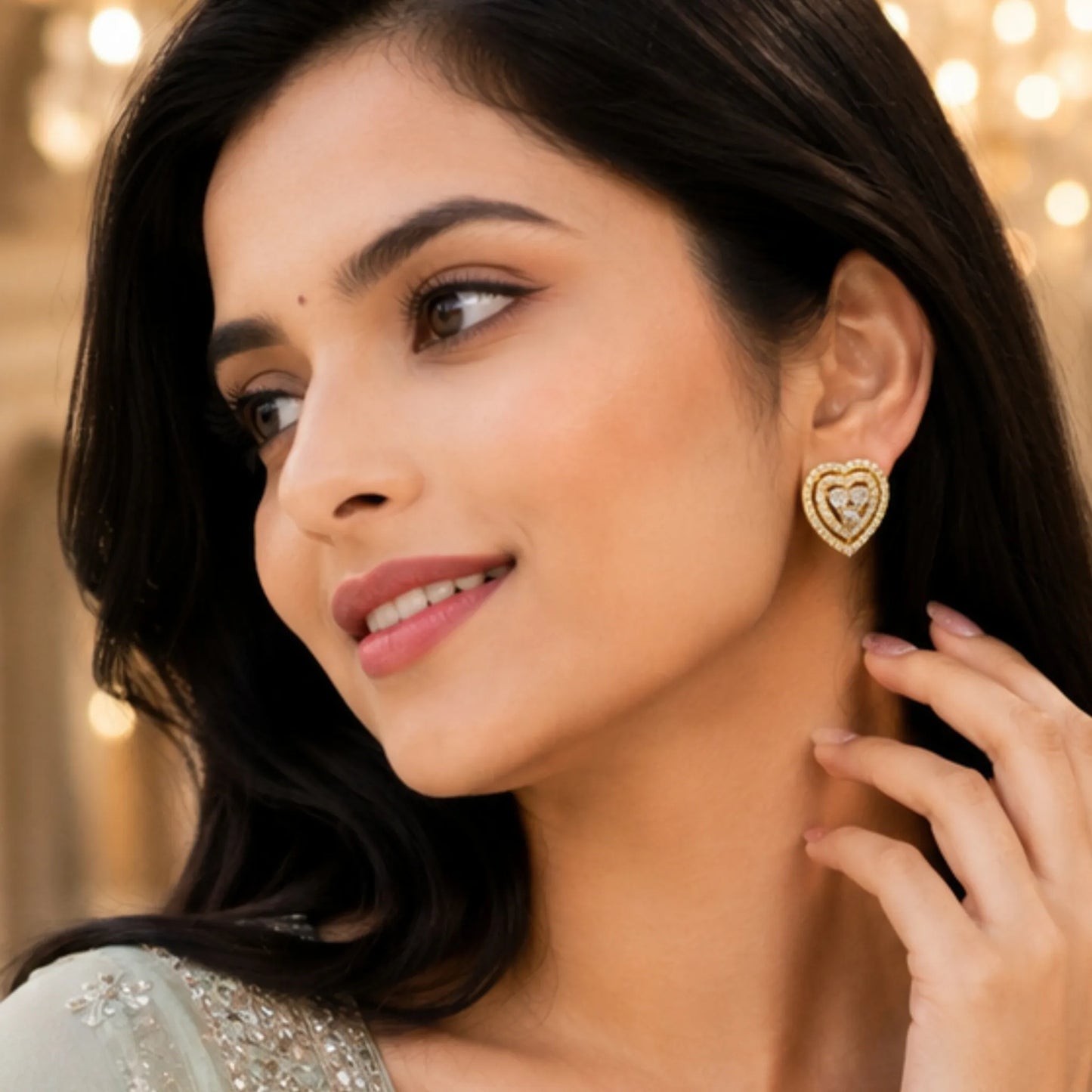 Premium Golden Triple-Layered Heart Drop Earrings