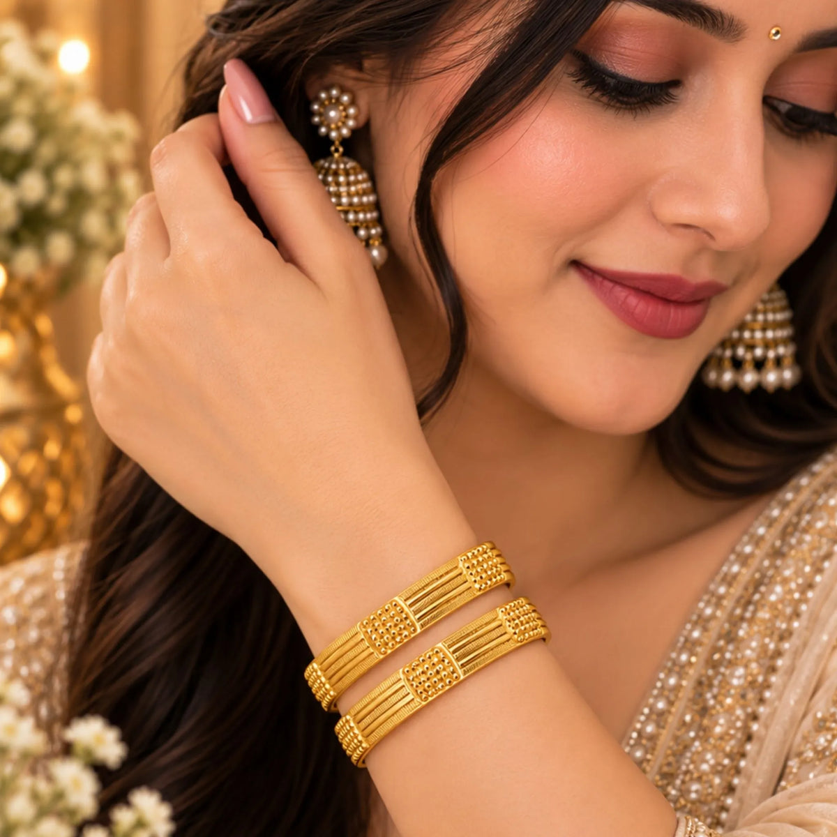 Gold-Tone Textured Geometric Bangle Pair