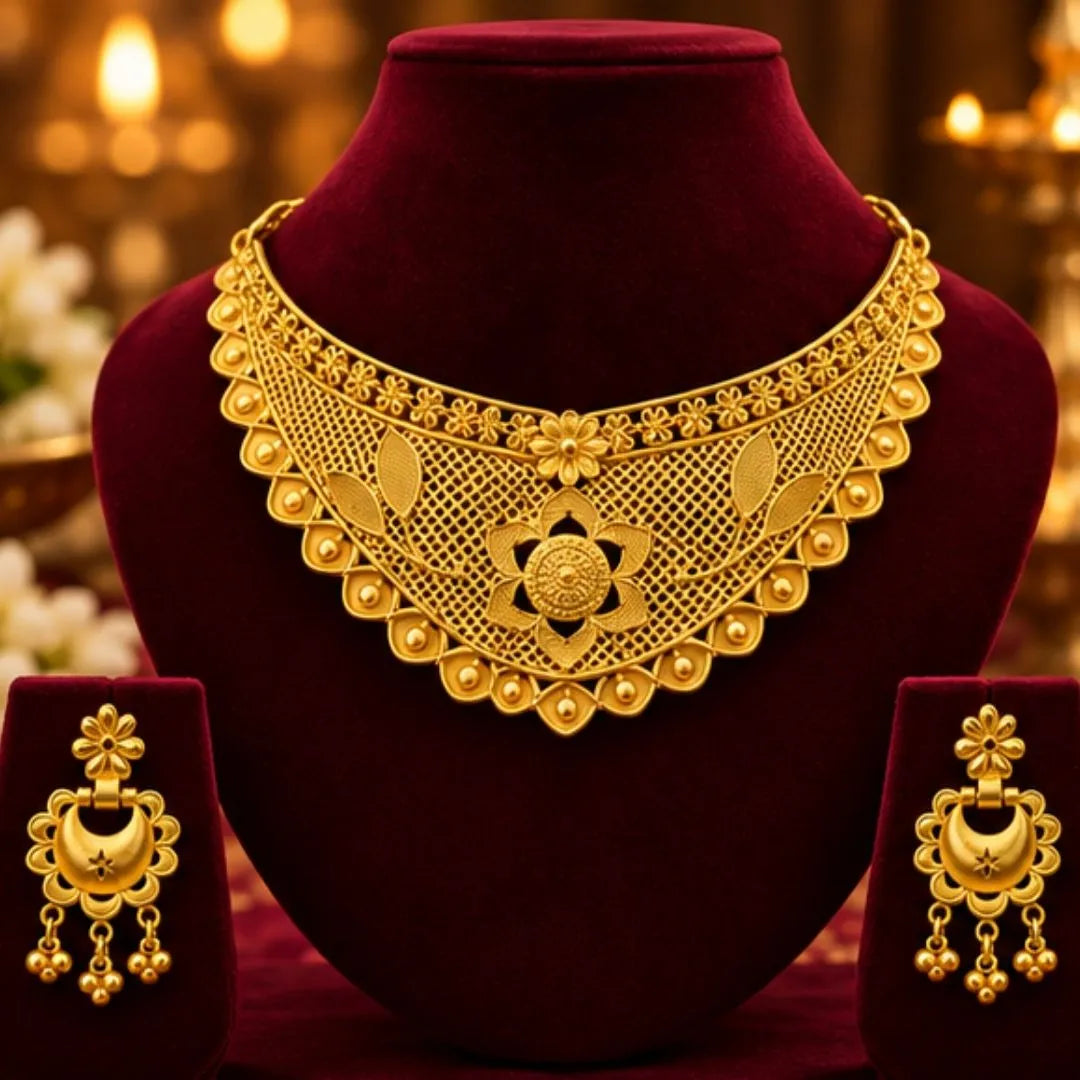 Gold Floral Filigree Choker Necklace Set