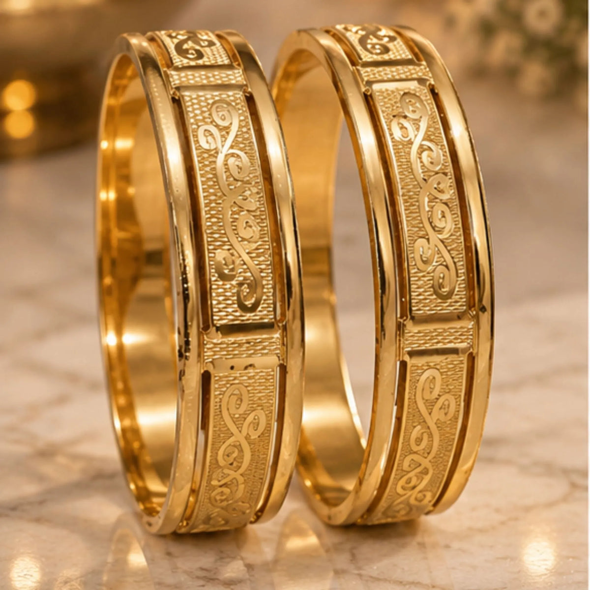 Gold-Tone Embossed Swirl Design Kada Bangles Set – Elegant Traditional Indian Jewellery