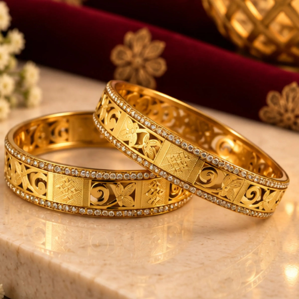 Gold-Tone Floral Crystal Bangle Pair
