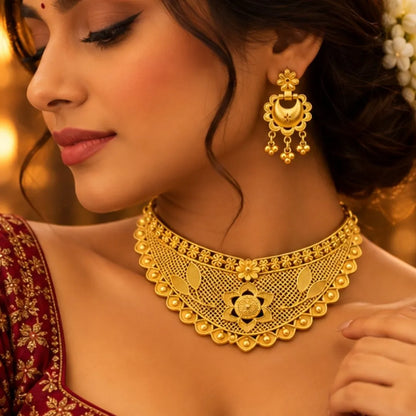 Gold Floral Filigree Choker Necklace Set