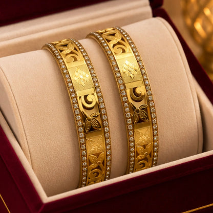 Gold-Tone Floral Crystal Bangle Pair