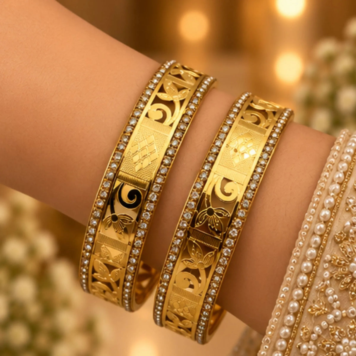 Gold-Tone Floral Crystal Bangle Pair