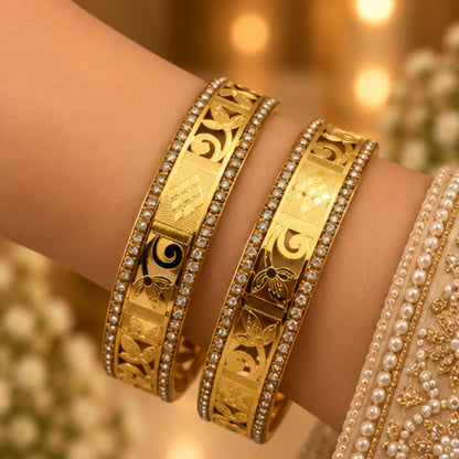 Gold-Tone Floral Crystal Bangle Pair