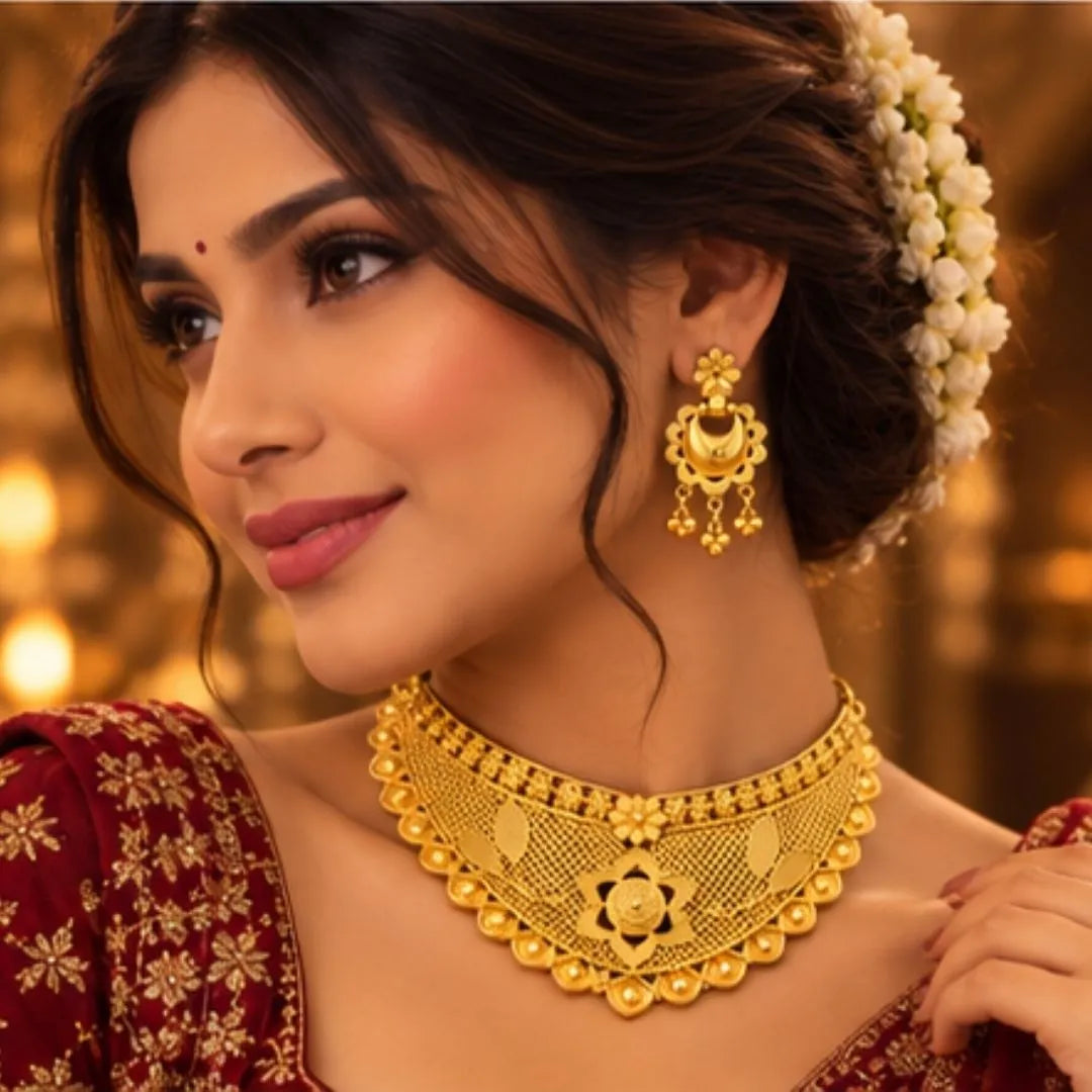 Gold Floral Filigree Choker Necklace Set