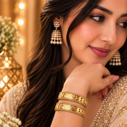 Gold-Tone Floral Crystal Bangle Pair