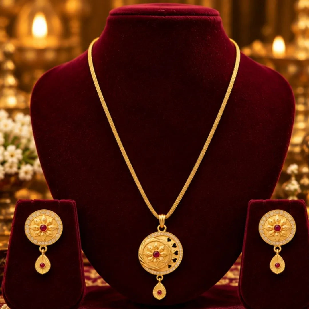 Gold Round Pendant Chain & Earrings Set