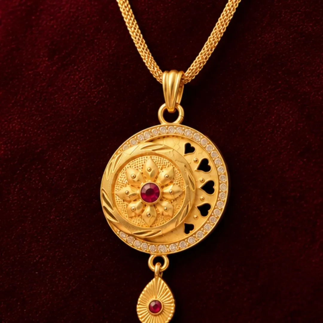 Gold Round Pendant Chain & Earrings Set