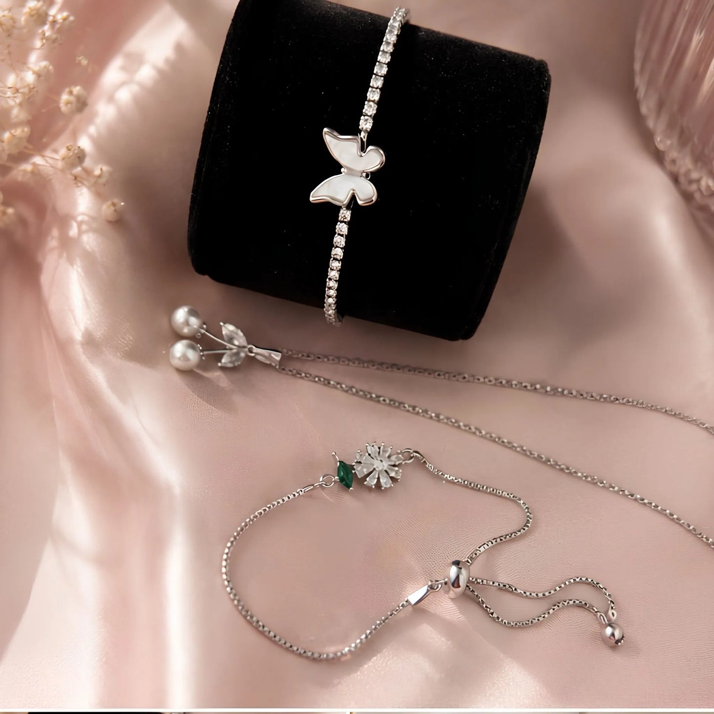 Kids' Silver Butterfly & Cherry Jewellery Gift Set – Necklace, Crystal Bracelet & Butterfly Bangle