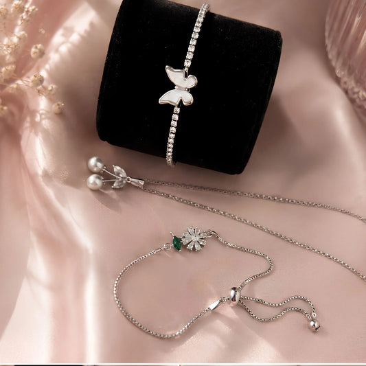 Kids' Silver Butterfly & Cherry Jewellery Gift Set – Necklace, Crystal Bracelet & Butterfly Bangle