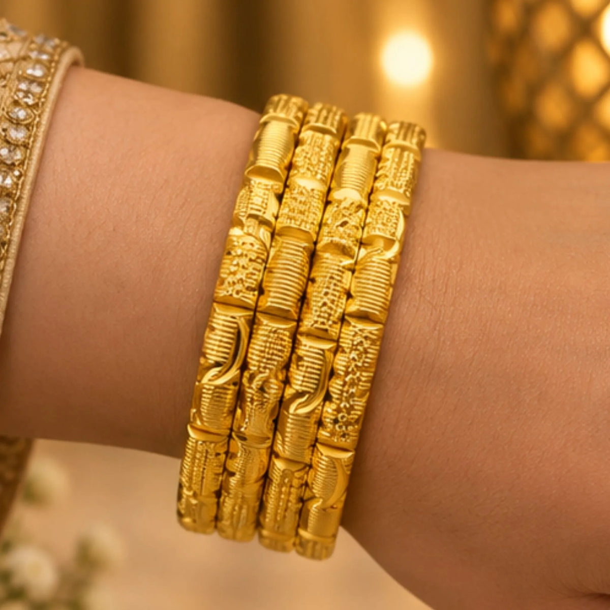 Gold-Tone Textured Designer Bangle Set – 4 Bangles