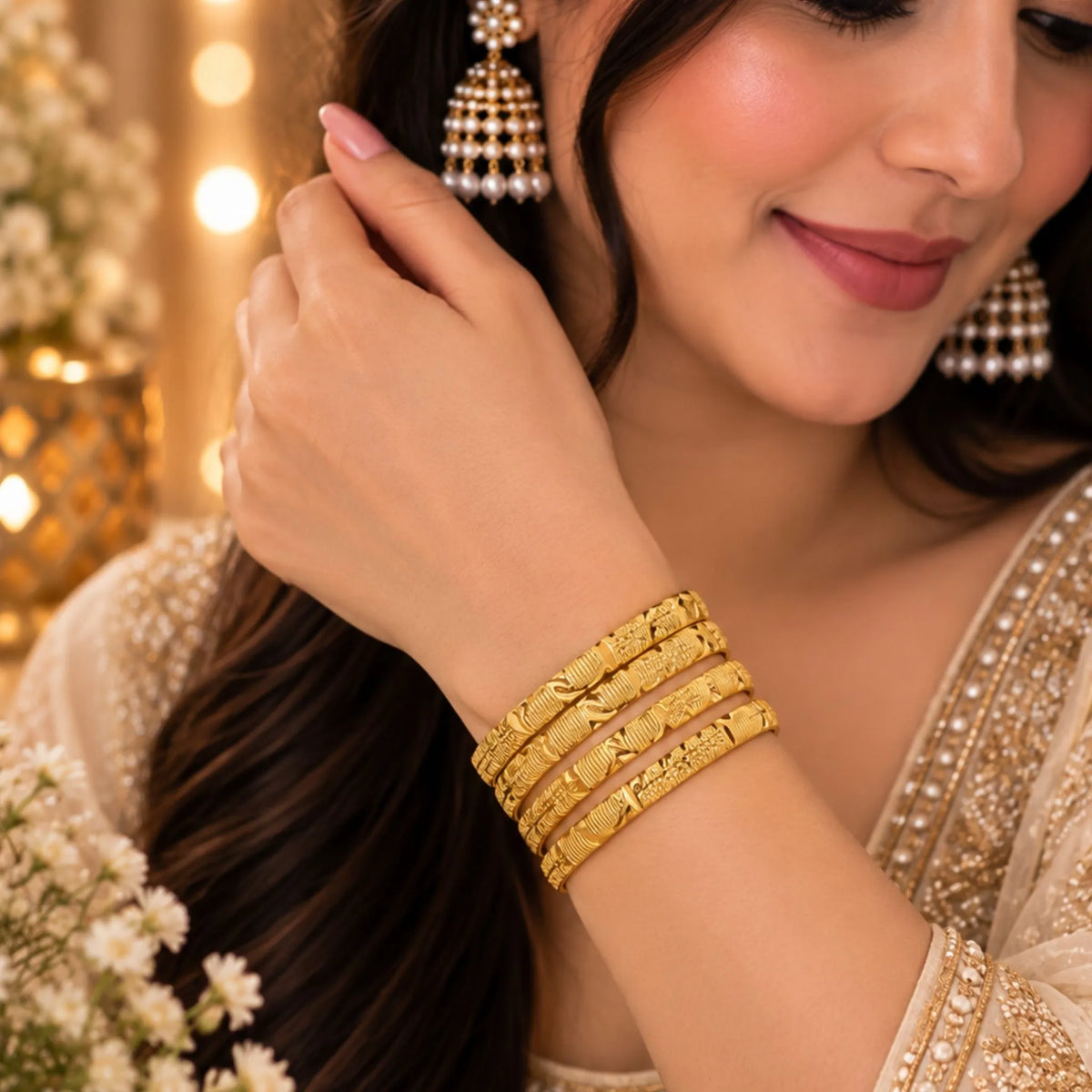 Gold-Tone Textured Designer Bangle Set – 4 Bangles