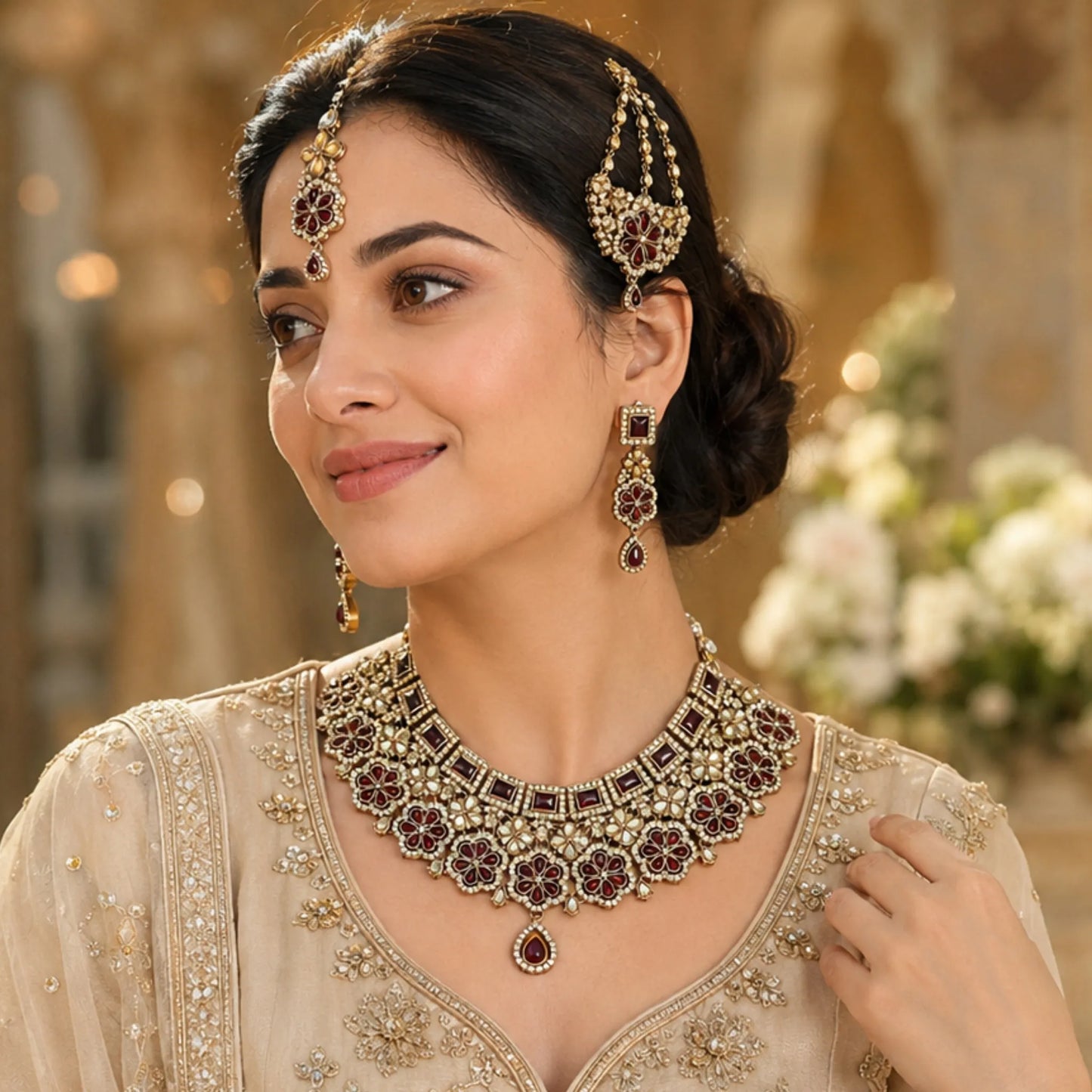 Maroon Stone Bridal Necklace Set with Earrings & Maang Tikka