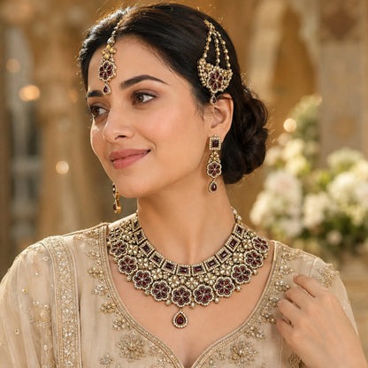 Maroon Stone Bridal Necklace Set with Earrings & Maang Tikka