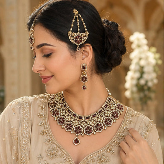 Maroon Stone Bridal Necklace Set with Earrings & Maang Tikka