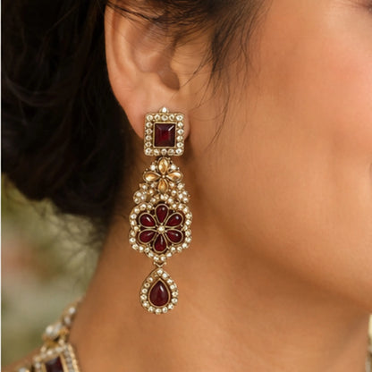 Maroon Stone Bridal Necklace Set with Earrings & Maang Tikka