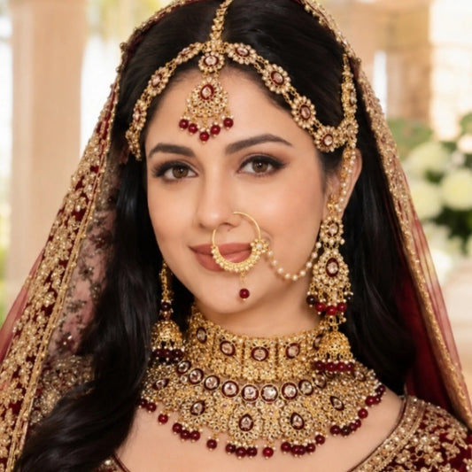 Royal Kundan Bridal Jewellery Set –  Maroon Choker Necklace with Earrings, Maatha Patti & Nath