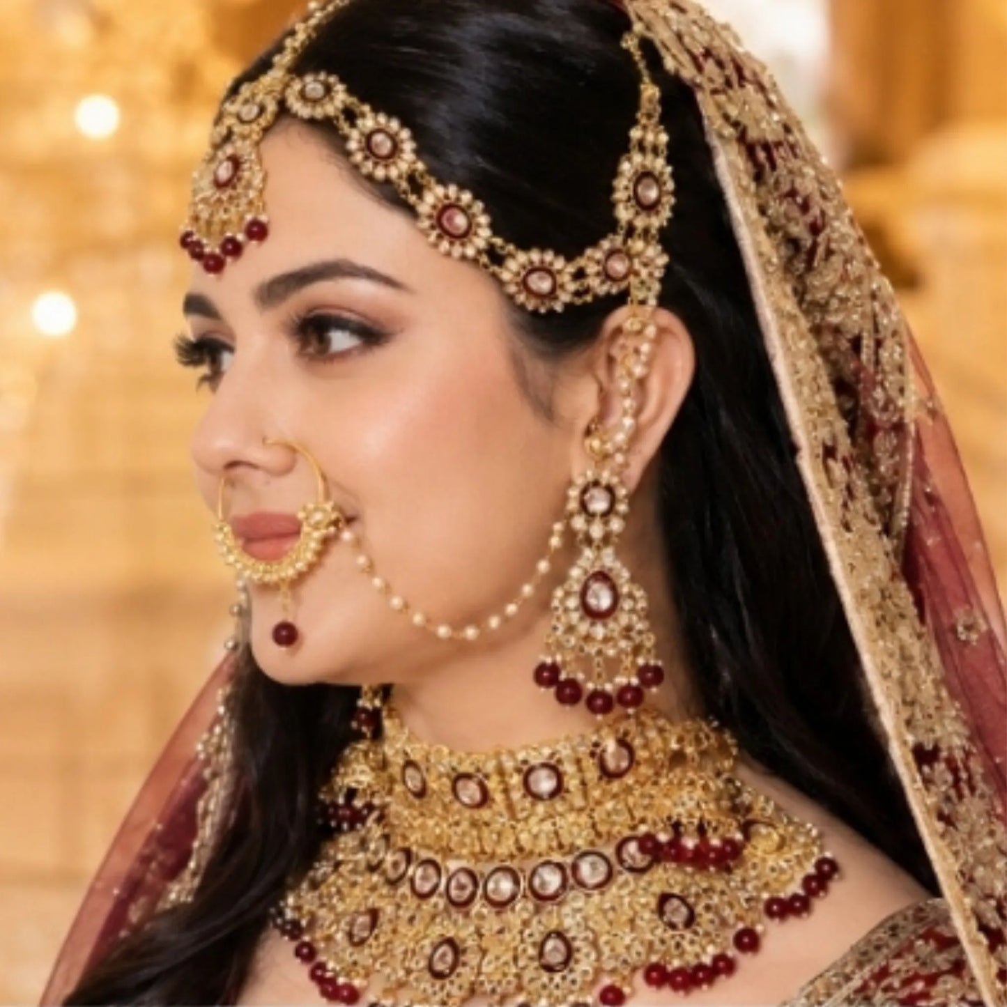 Royal Kundan Bridal Jewellery Set –  Maroon Choker Necklace with Earrings, Maatha Patti & Nath
