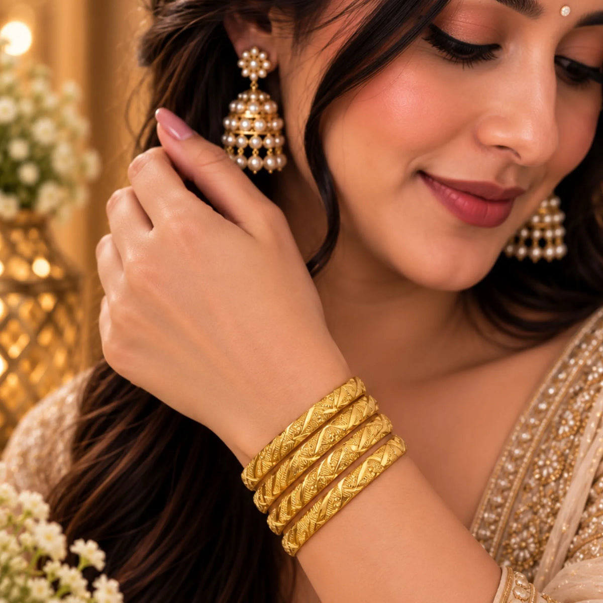 Elegant Gold-Tone Textured Designer Bangles Set – 4 Bangles