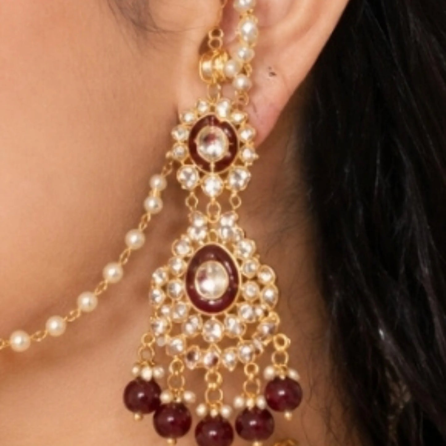 Royal Kundan Bridal Jewellery Set –  Maroon Choker Necklace with Earrings, Maatha Patti & Nath