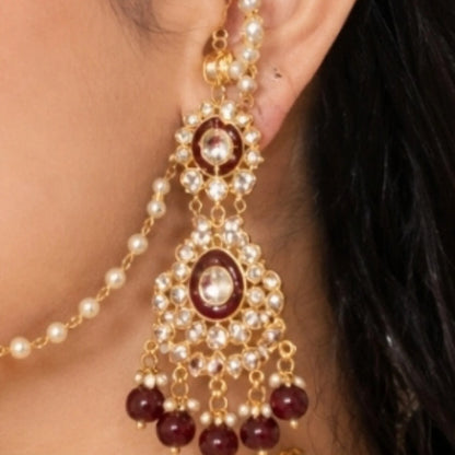 Royal Kundan Bridal Jewellery Set –  Maroon Choker Necklace with Earrings, Maatha Patti & Nath