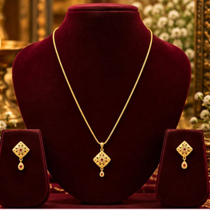 Gold Diamond-Shaped Pendant Chain & Earrings Set