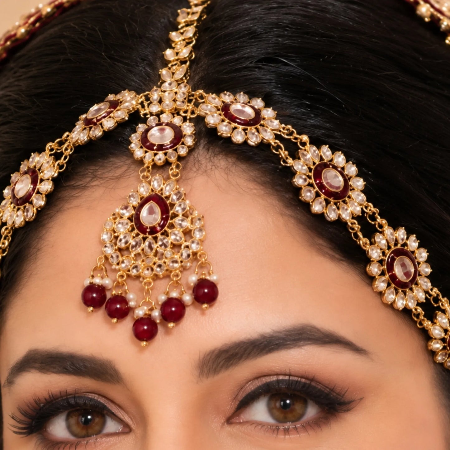 Royal Kundan Bridal Jewellery Set –  Maroon Choker Necklace with Earrings, Maatha Patti & Nath