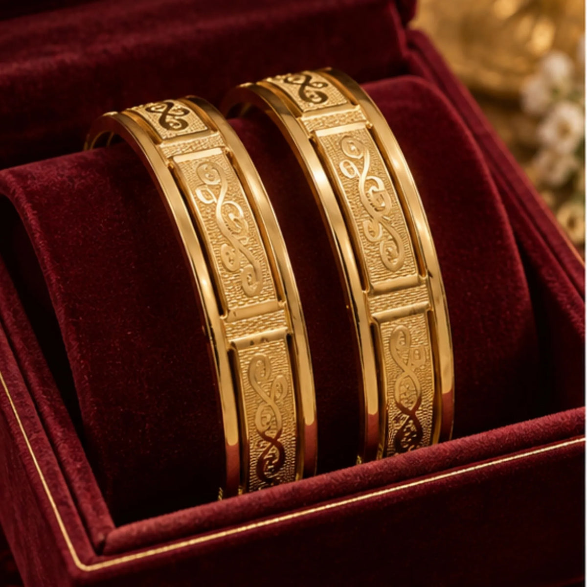 Gold-Tone Embossed Swirl Design Kada Bangles Set – Elegant Traditional Indian Jewellery