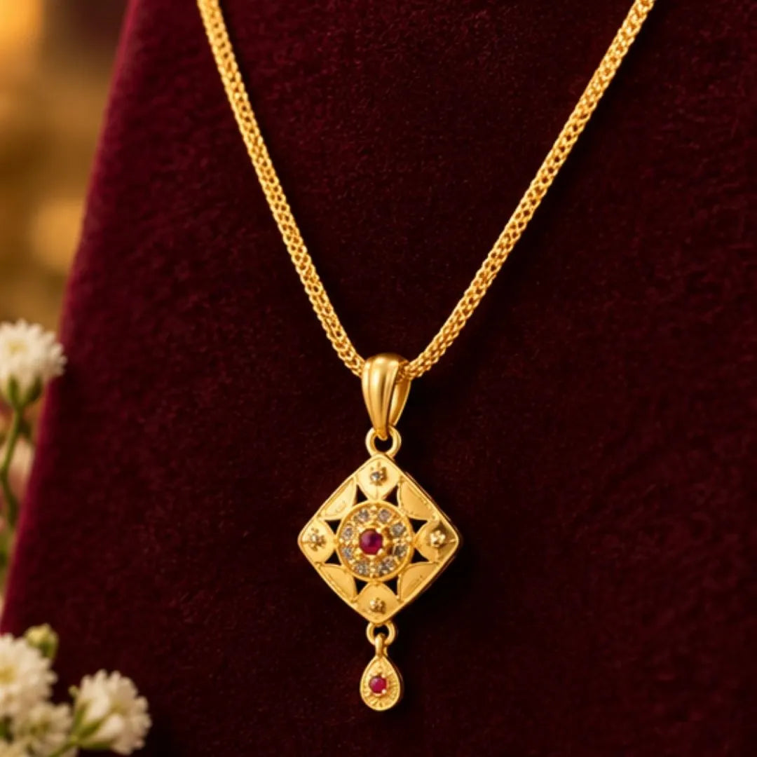 Gold Diamond-Shaped Pendant Chain & Earrings Set