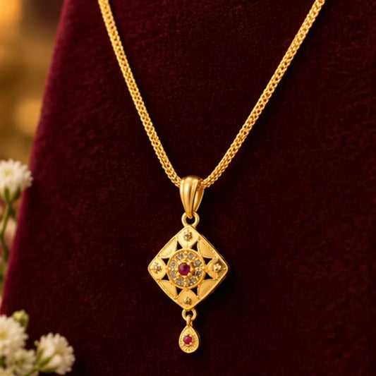Gold Diamond-Shaped Pendant Chain & Earrings Set