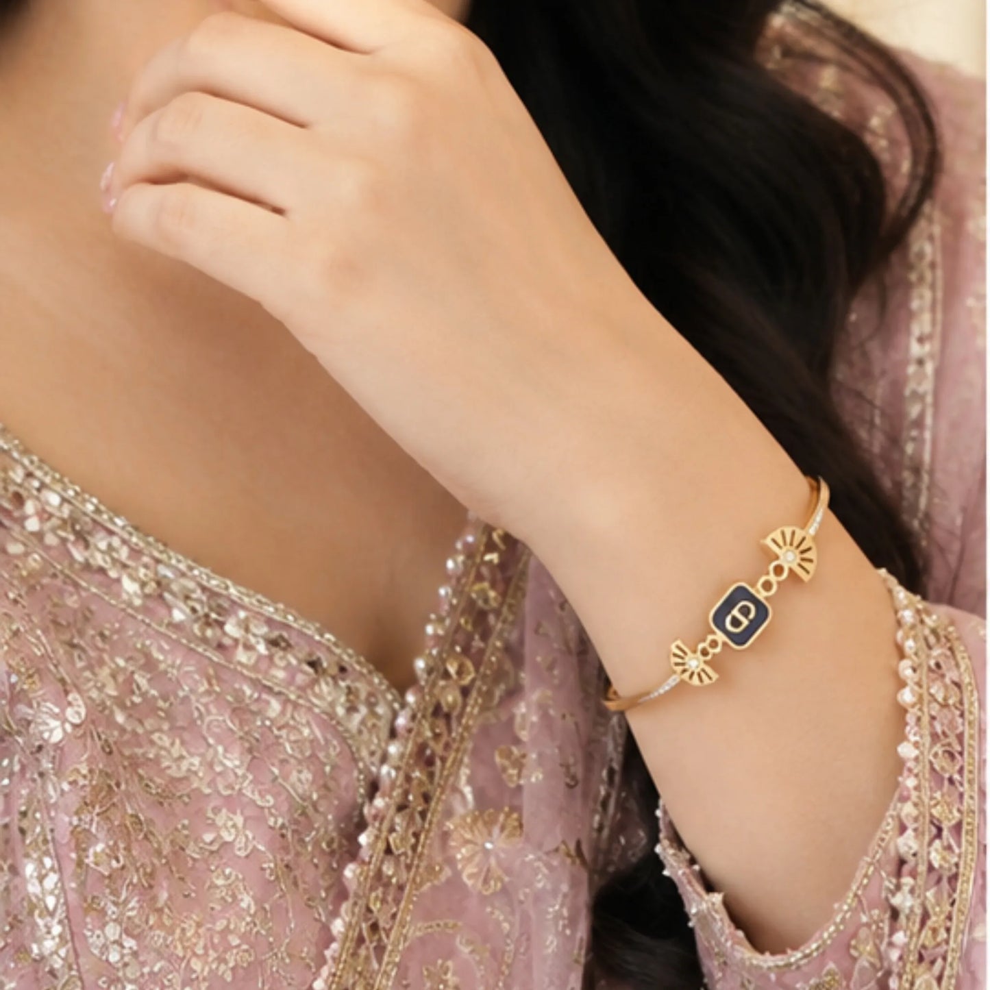 Elegant Gold-Toned Enamel Eclipse Cuff Bracelet