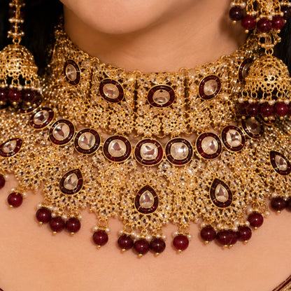 Royal Kundan Bridal Jewellery Set –  Maroon Choker Necklace with Earrings, Maatha Patti & Nath