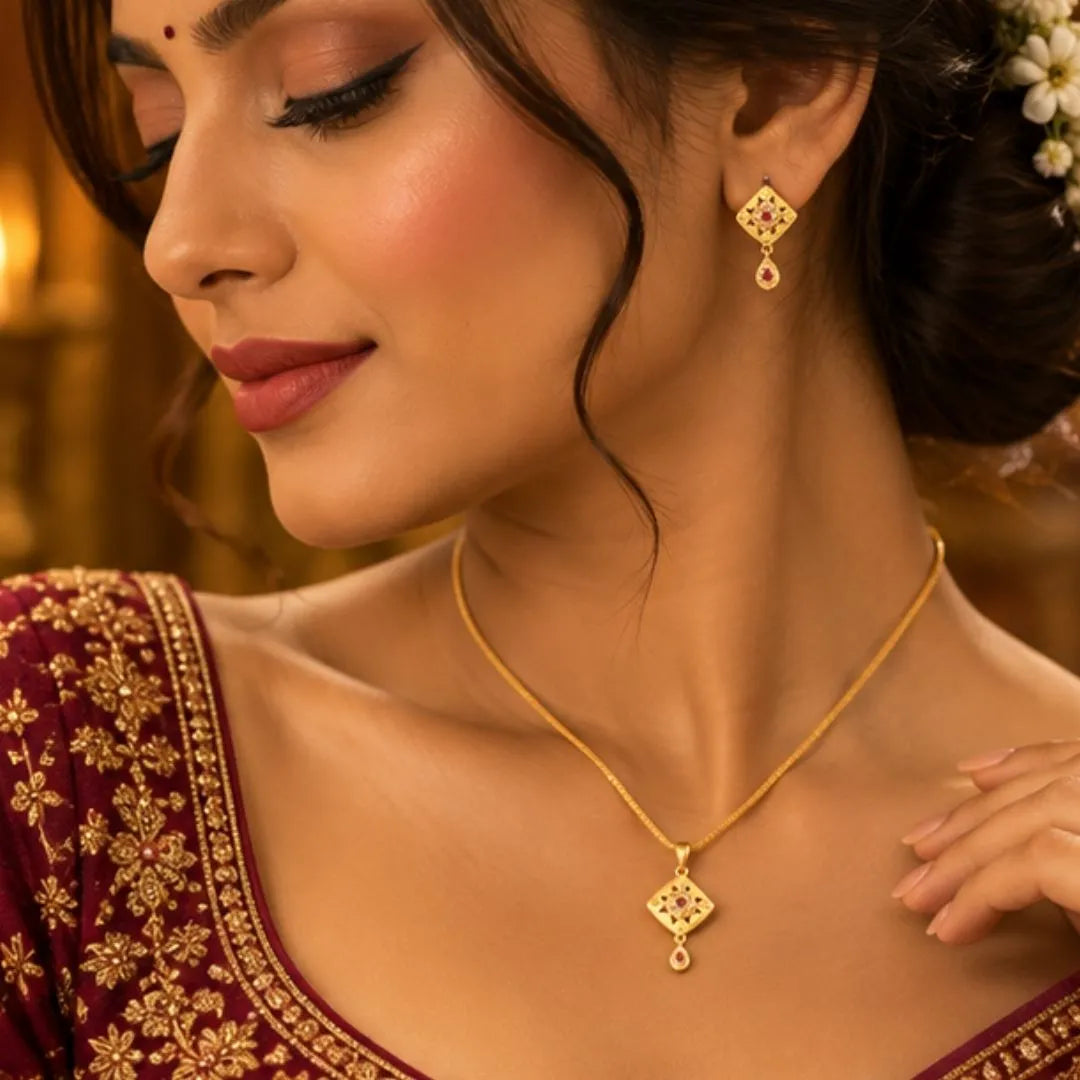 Gold Diamond-Shaped Pendant Chain & Earrings Set