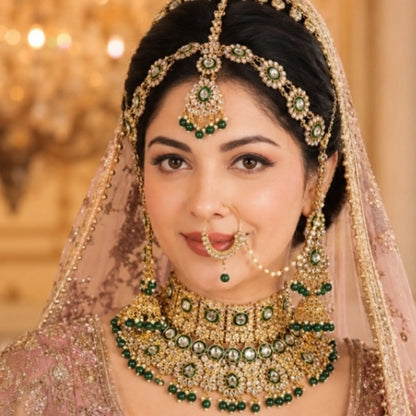 Emerald Royale Indian Bridal Jewellery Set – Necklace, Maatha Patti, Earrings & Nath
