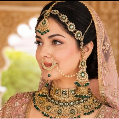 Emerald Royale Indian Bridal Jewellery Set – Necklace, Maatha Patti, Earrings & Nath