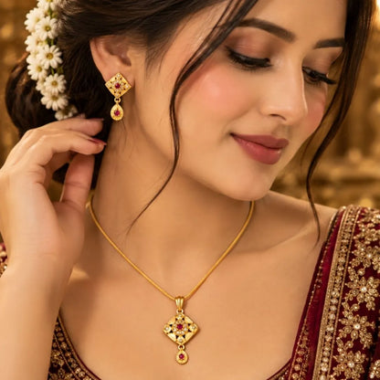 Gold Diamond-Shaped Pendant Chain & Earrings Set