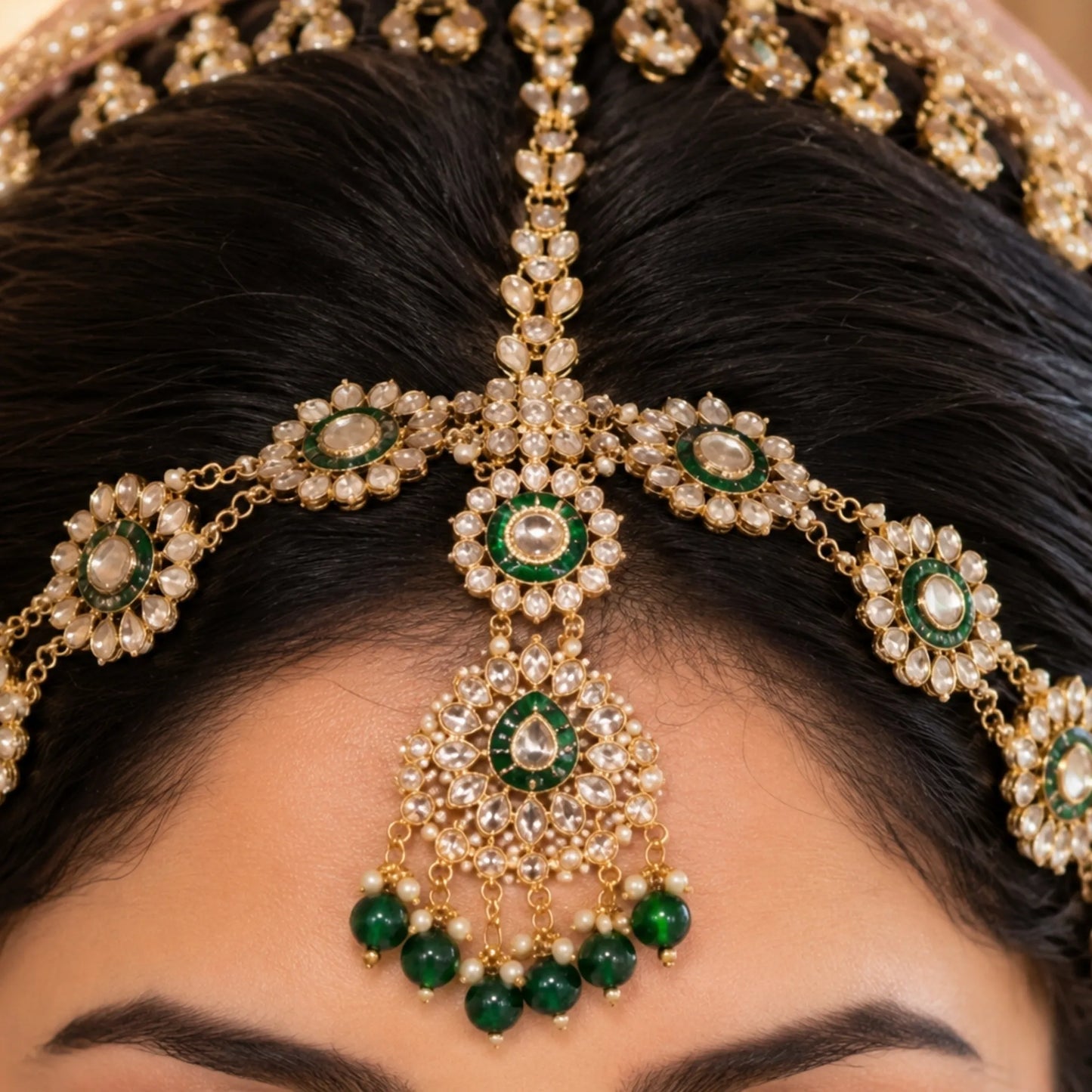 Emerald Royale Indian Bridal Jewellery Set – Necklace, Maatha Patti, Earrings & Nath
