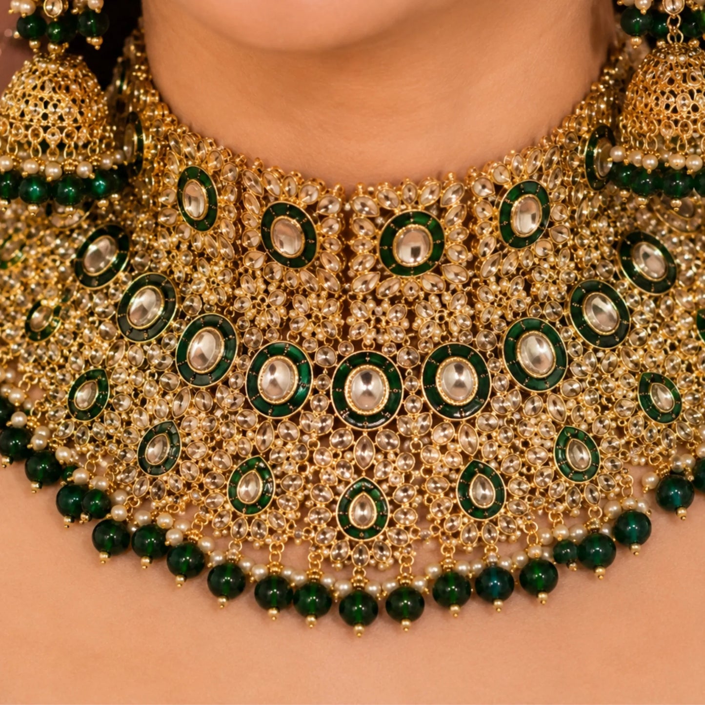 Emerald Royale Indian Bridal Jewellery Set – Necklace, Maatha Patti, Earrings & Nath