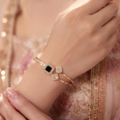 Luxe Geometric Onyx & Diamond Accent open Cuff Bangle