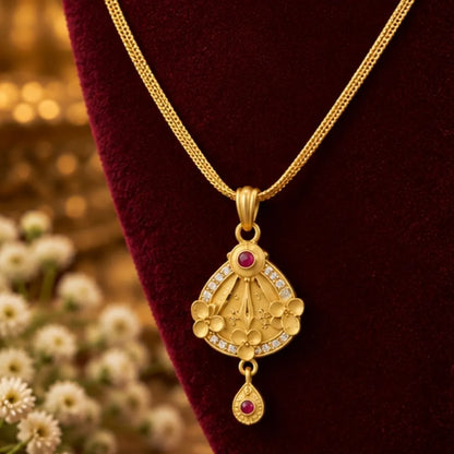 Gold Floral Teardrop Pendant Chain & Earrings Set
